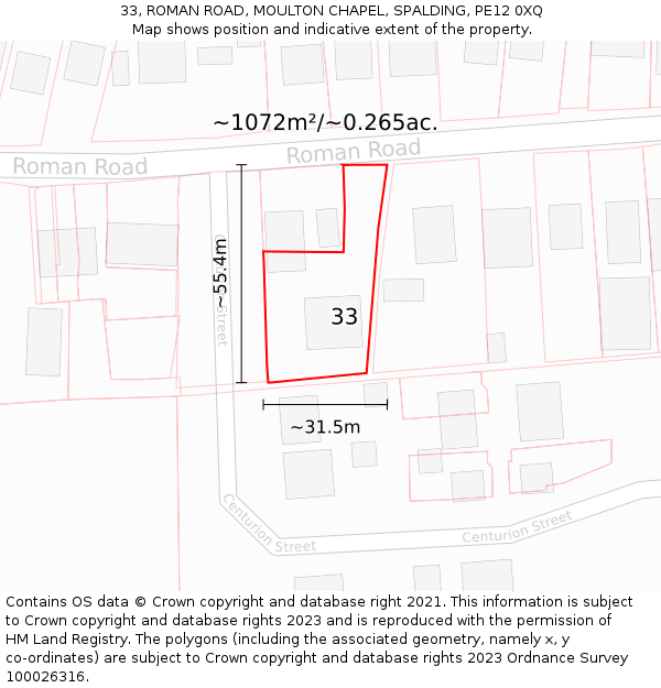 33, ROMAN ROAD, MOULTON CHAPEL, SPALDING, PE12 0XQ: Plot and title map