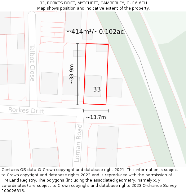 33, RORKES DRIFT, MYTCHETT, CAMBERLEY, GU16 6EH: Plot and title map