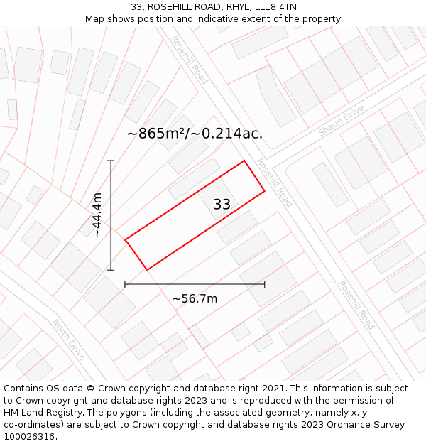 33, ROSEHILL ROAD, RHYL, LL18 4TN: Plot and title map