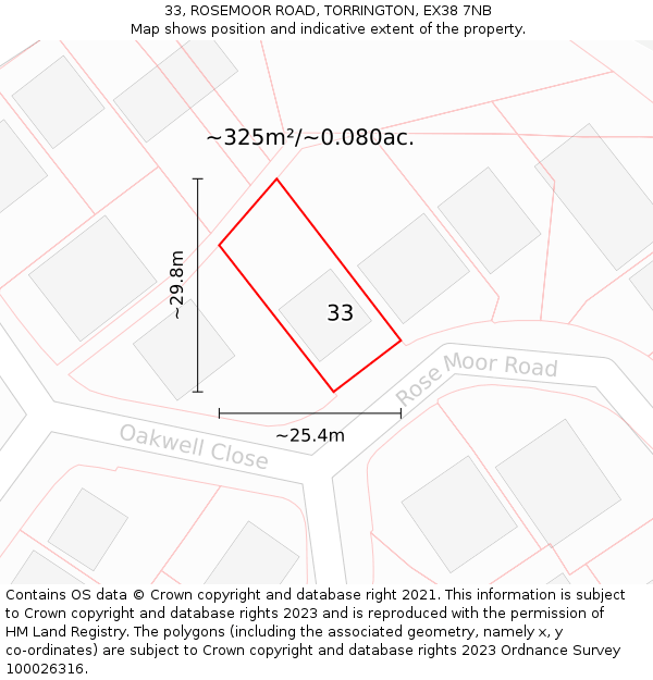 33, ROSEMOOR ROAD, TORRINGTON, EX38 7NB: Plot and title map