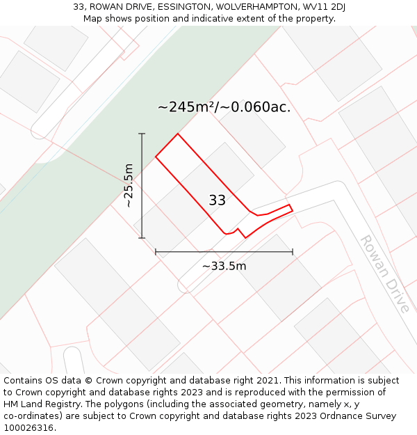 33, ROWAN DRIVE, ESSINGTON, WOLVERHAMPTON, WV11 2DJ: Plot and title map