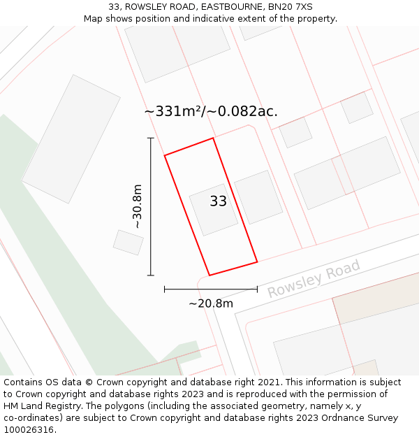 33, ROWSLEY ROAD, EASTBOURNE, BN20 7XS: Plot and title map