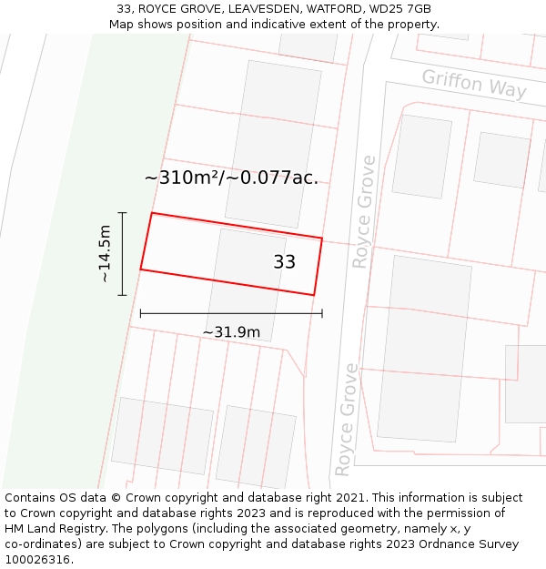 33, ROYCE GROVE, LEAVESDEN, WATFORD, WD25 7GB: Plot and title map