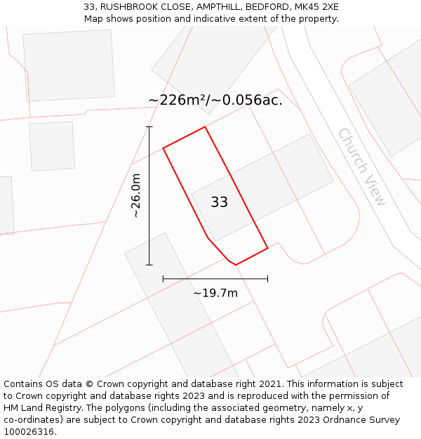 33, RUSHBROOK CLOSE, AMPTHILL, BEDFORD, MK45 2XE: Plot and title map