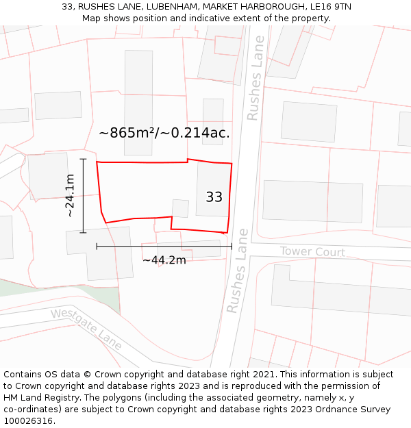 33, RUSHES LANE, LUBENHAM, MARKET HARBOROUGH, LE16 9TN: Plot and title map