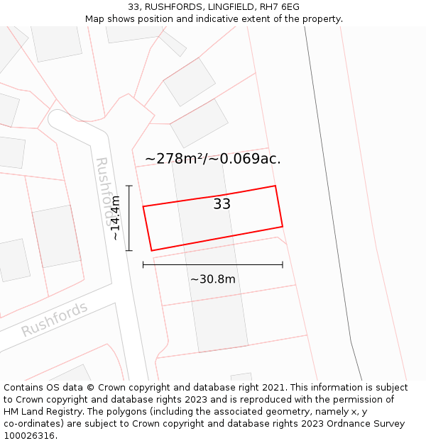 33, RUSHFORDS, LINGFIELD, RH7 6EG: Plot and title map