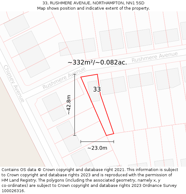 33, RUSHMERE AVENUE, NORTHAMPTON, NN1 5SD: Plot and title map