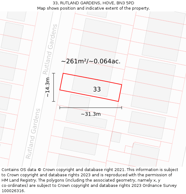 33, RUTLAND GARDENS, HOVE, BN3 5PD: Plot and title map