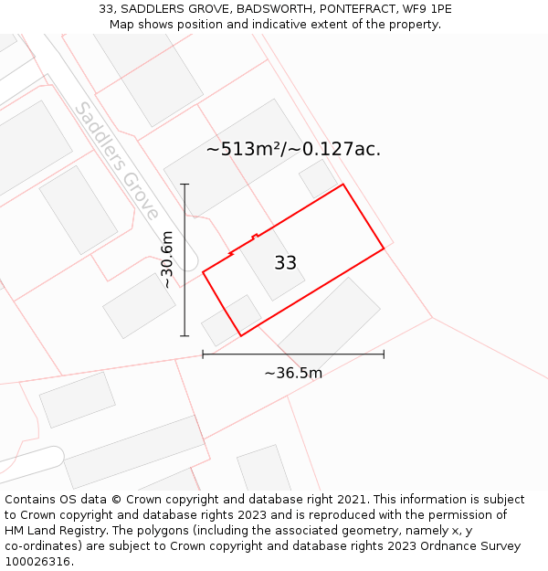 33, SADDLERS GROVE, BADSWORTH, PONTEFRACT, WF9 1PE: Plot and title map