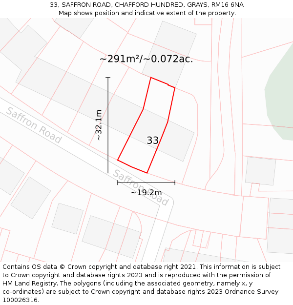 33, SAFFRON ROAD, CHAFFORD HUNDRED, GRAYS, RM16 6NA: Plot and title map