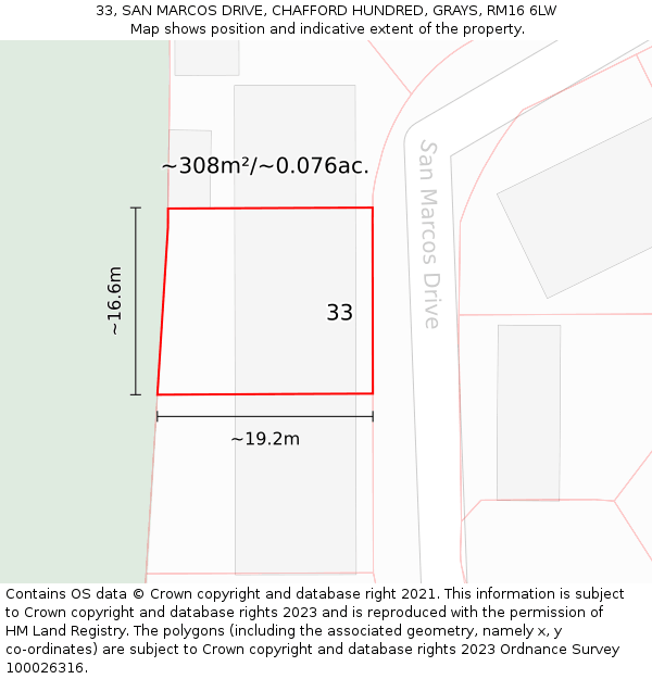 33, SAN MARCOS DRIVE, CHAFFORD HUNDRED, GRAYS, RM16 6LW: Plot and title map