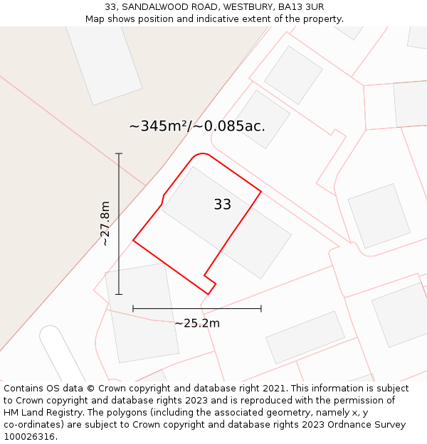 33, SANDALWOOD ROAD, WESTBURY, BA13 3UR: Plot and title map