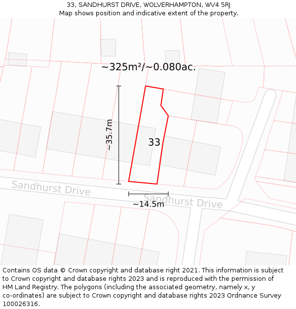 33, SANDHURST DRIVE, WOLVERHAMPTON, WV4 5RJ: Plot and title map