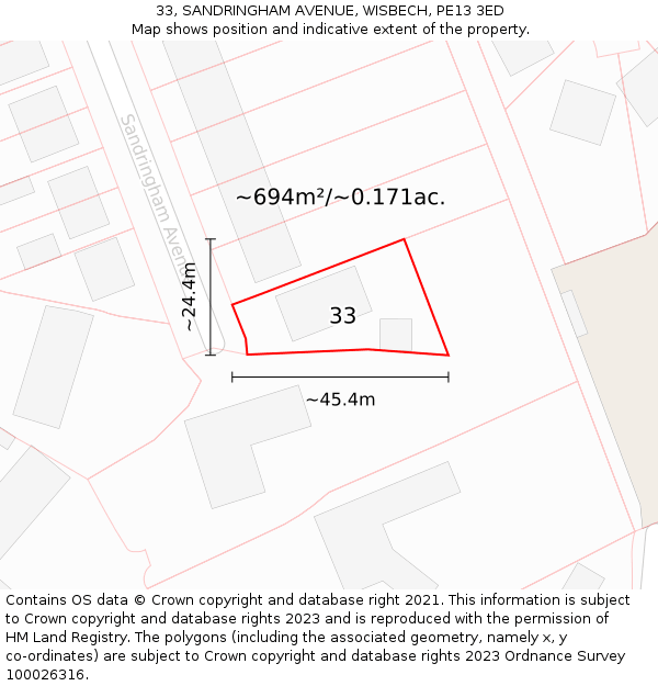 33, SANDRINGHAM AVENUE, WISBECH, PE13 3ED: Plot and title map