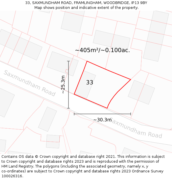 33, SAXMUNDHAM ROAD, FRAMLINGHAM, WOODBRIDGE, IP13 9BY: Plot and title map