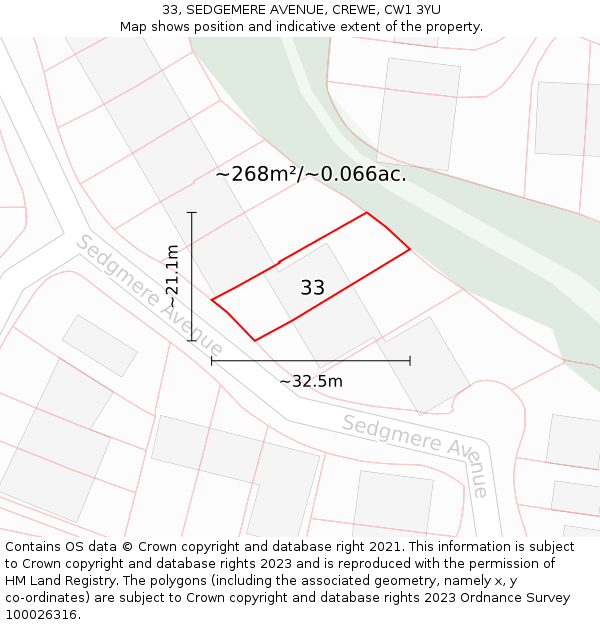 33, SEDGEMERE AVENUE, CREWE, CW1 3YU: Plot and title map