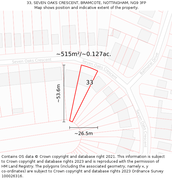 33, SEVEN OAKS CRESCENT, BRAMCOTE, NOTTINGHAM, NG9 3FP: Plot and title map