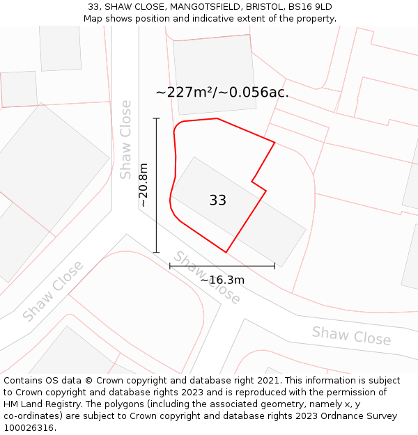 33, SHAW CLOSE, MANGOTSFIELD, BRISTOL, BS16 9LD: Plot and title map