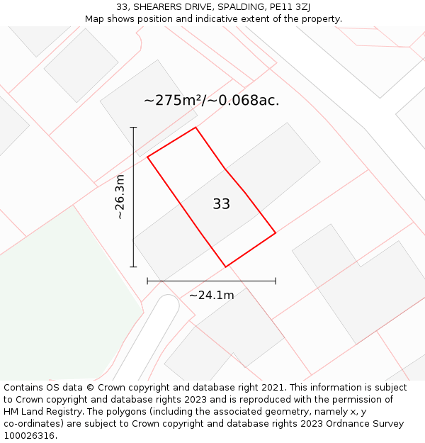 33, SHEARERS DRIVE, SPALDING, PE11 3ZJ: Plot and title map