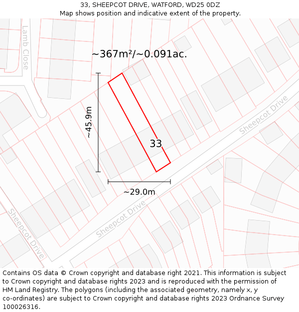 33, SHEEPCOT DRIVE, WATFORD, WD25 0DZ: Plot and title map