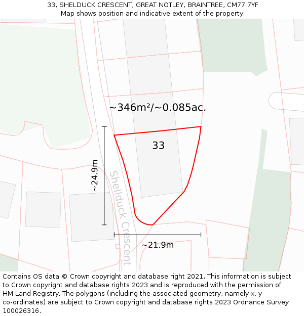 33, SHELDUCK CRESCENT, GREAT NOTLEY, BRAINTREE, CM77 7YF: Plot and title map
