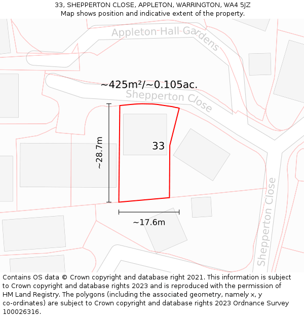 33, SHEPPERTON CLOSE, APPLETON, WARRINGTON, WA4 5JZ: Plot and title map