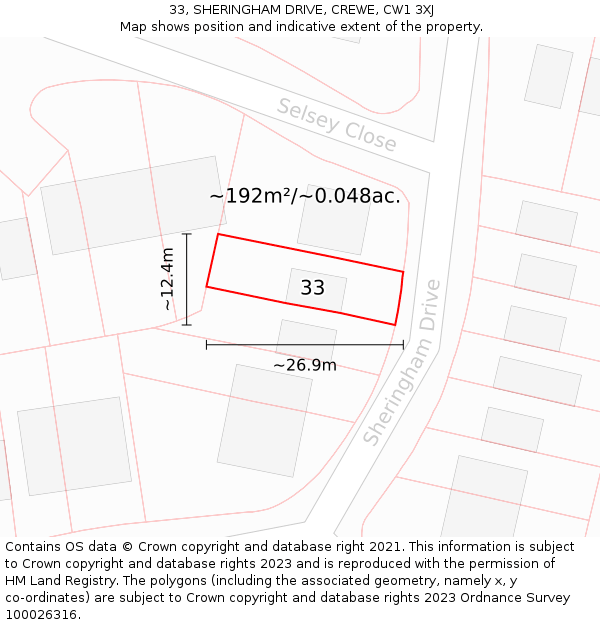 33, SHERINGHAM DRIVE, CREWE, CW1 3XJ: Plot and title map