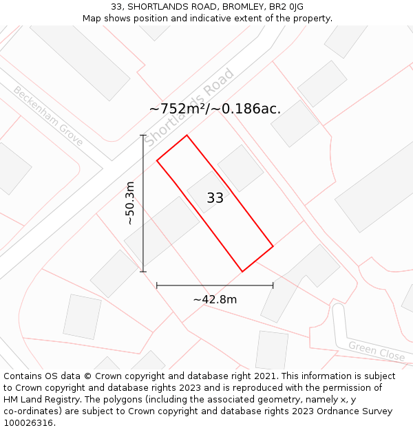 33, SHORTLANDS ROAD, BROMLEY, BR2 0JG: Plot and title map