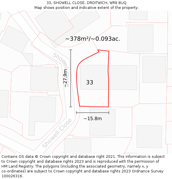 33, SHOWELL CLOSE, DROITWICH, WR9 8UQ: Plot and title map