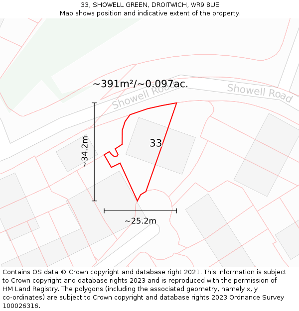 33, SHOWELL GREEN, DROITWICH, WR9 8UE: Plot and title map