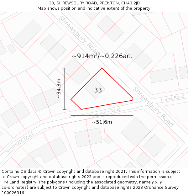 33, SHREWSBURY ROAD, PRENTON, CH43 2JB: Plot and title map