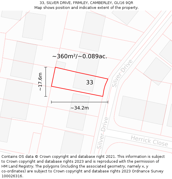 33, SILVER DRIVE, FRIMLEY, CAMBERLEY, GU16 9QR: Plot and title map