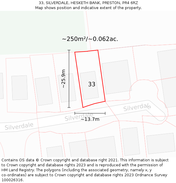 33, SILVERDALE, HESKETH BANK, PRESTON, PR4 6RZ: Plot and title map