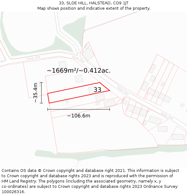 33, SLOE HILL, HALSTEAD, CO9 1JT: Plot and title map