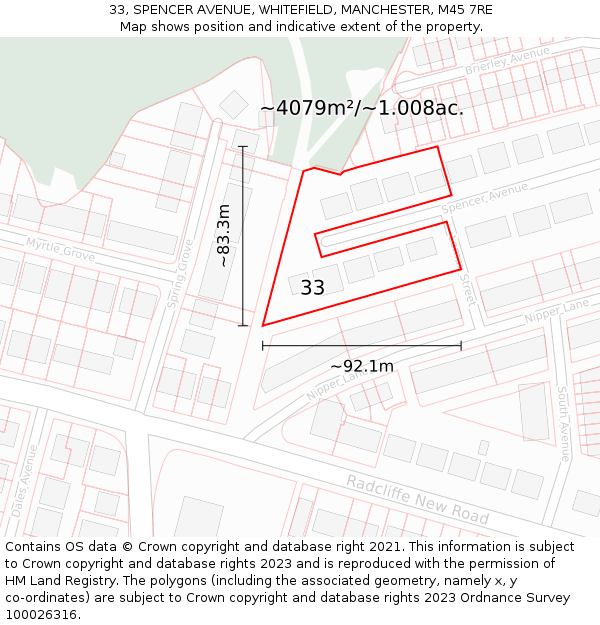 33, SPENCER AVENUE, WHITEFIELD, MANCHESTER, M45 7RE: Plot and title map