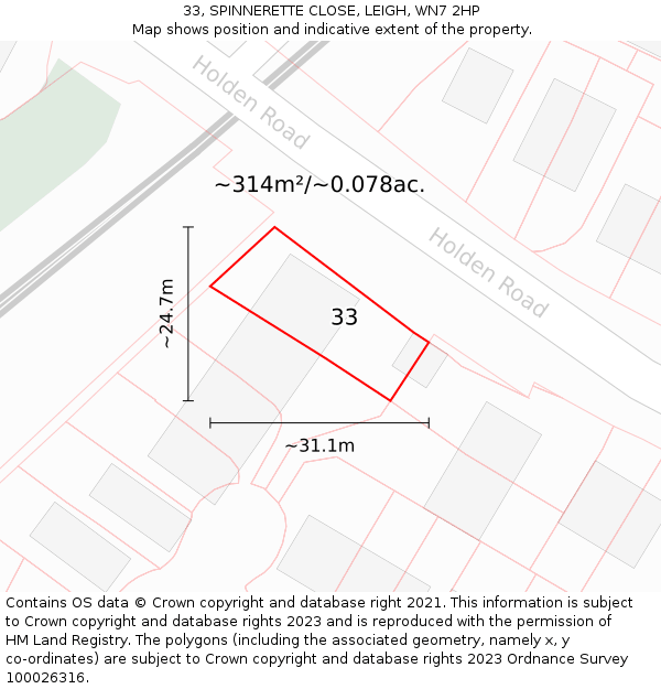 33, SPINNERETTE CLOSE, LEIGH, WN7 2HP: Plot and title map