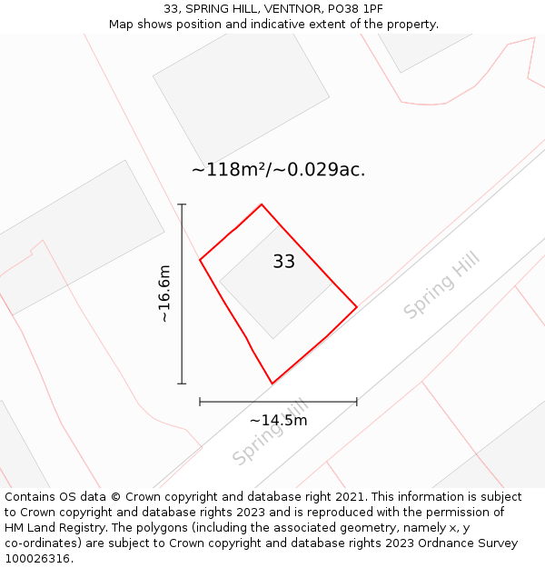 33, SPRING HILL, VENTNOR, PO38 1PF: Plot and title map