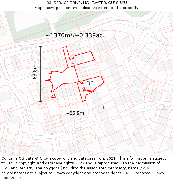 33, SPRUCE DRIVE, LIGHTWATER, GU18 5YU: Plot and title map