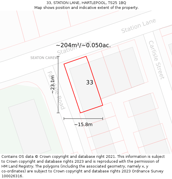 33, STATION LANE, HARTLEPOOL, TS25 1BQ: Plot and title map