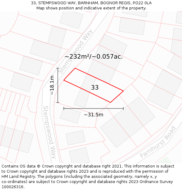 33, STEMPSWOOD WAY, BARNHAM, BOGNOR REGIS, PO22 0LA: Plot and title map