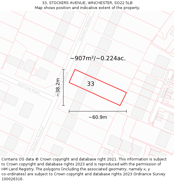 33, STOCKERS AVENUE, WINCHESTER, SO22 5LB: Plot and title map