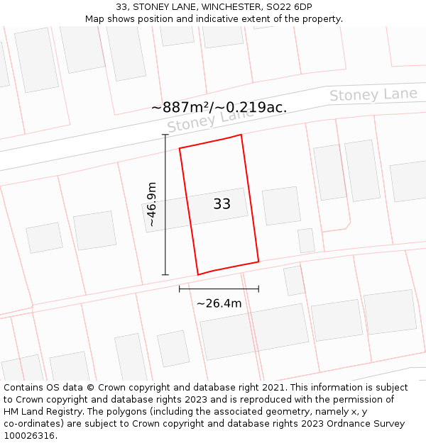 33, STONEY LANE, WINCHESTER, SO22 6DP: Plot and title map
