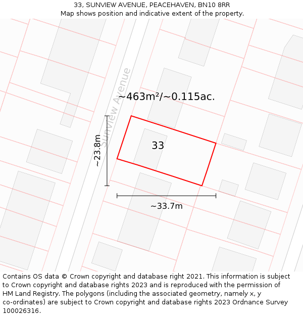 33, SUNVIEW AVENUE, PEACEHAVEN, BN10 8RR: Plot and title map