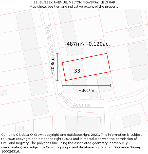 33, SUSSEX AVENUE, MELTON MOWBRAY, LE13 0AP: Plot and title map