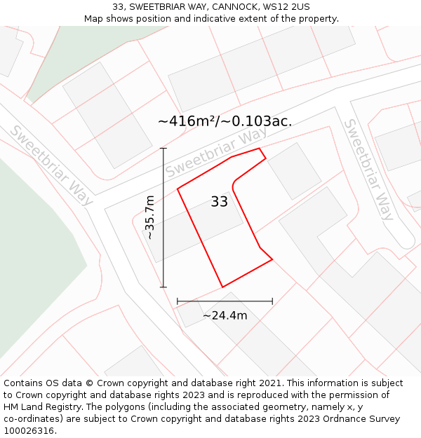 33, SWEETBRIAR WAY, CANNOCK, WS12 2US: Plot and title map