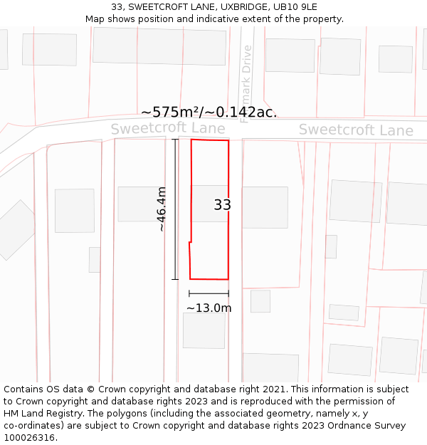 33, SWEETCROFT LANE, UXBRIDGE, UB10 9LE: Plot and title map