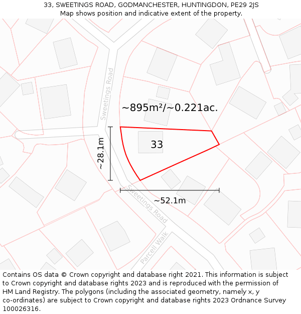 33, SWEETINGS ROAD, GODMANCHESTER, HUNTINGDON, PE29 2JS: Plot and title map