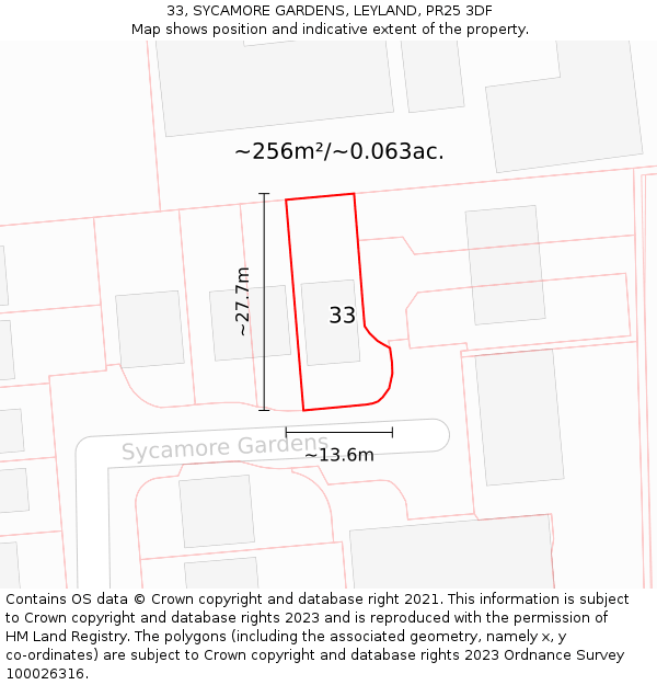 33, SYCAMORE GARDENS, LEYLAND, PR25 3DF: Plot and title map