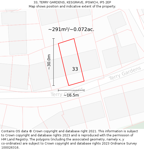 33, TERRY GARDENS, KESGRAVE, IPSWICH, IP5 2EP: Plot and title map