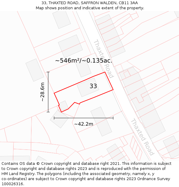 33, THAXTED ROAD, SAFFRON WALDEN, CB11 3AA: Plot and title map
